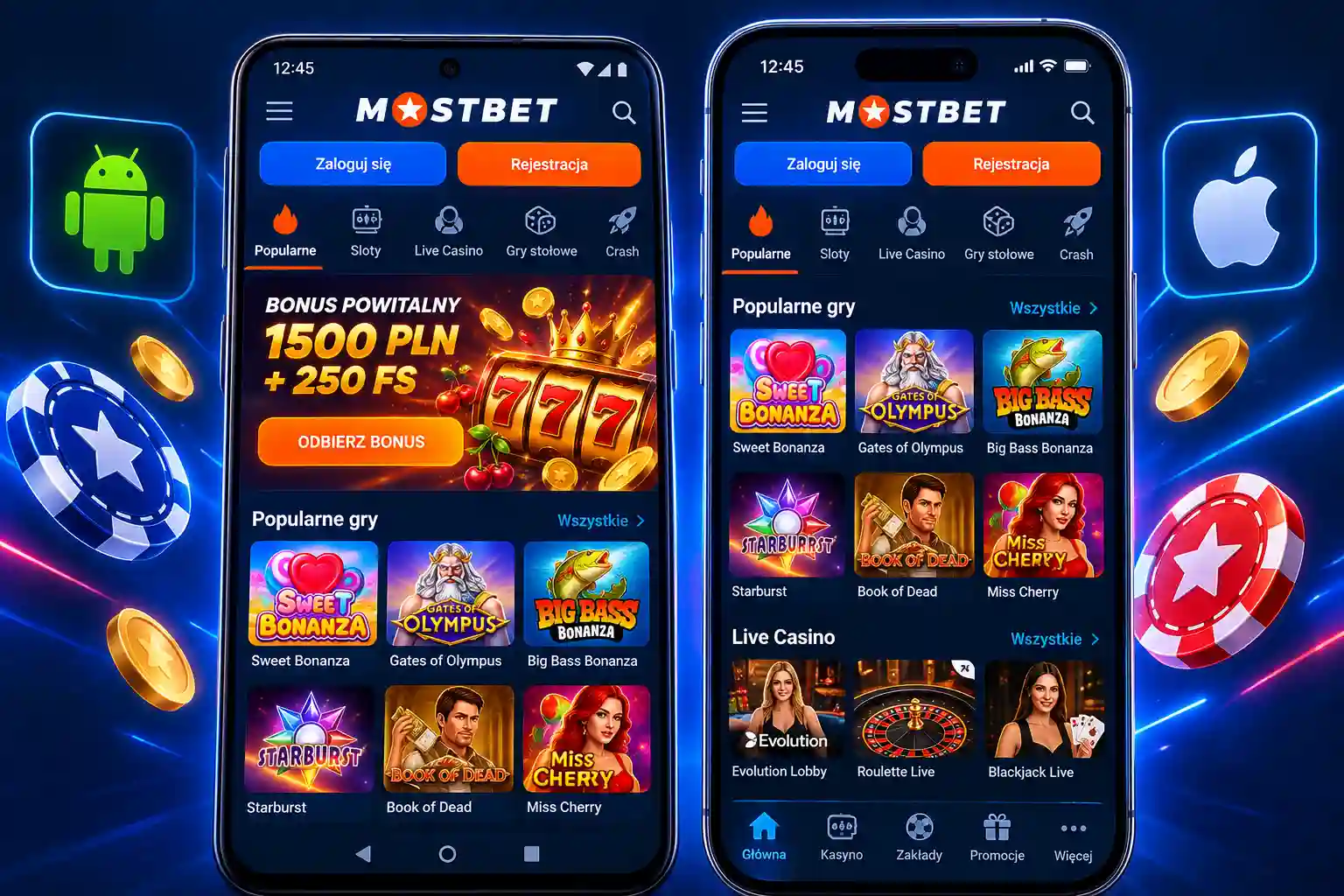 Aplikacja Mostbet na Android i iPhone — widok lobby gier