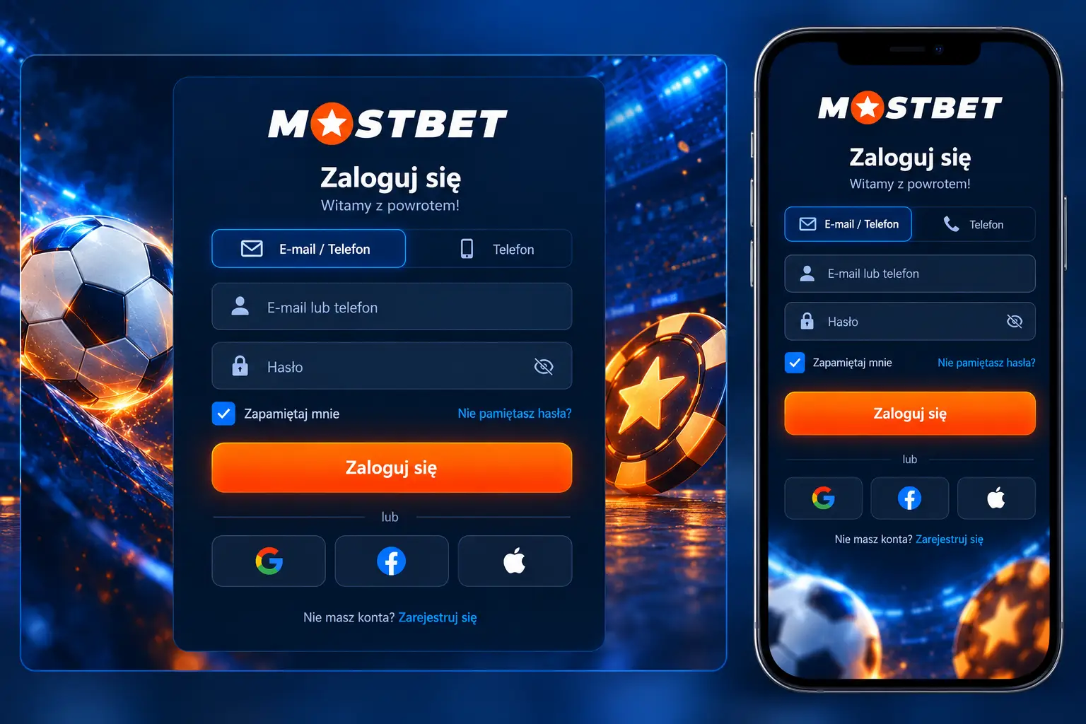 Formularz logowania Mostbet — widok desktop i mobile