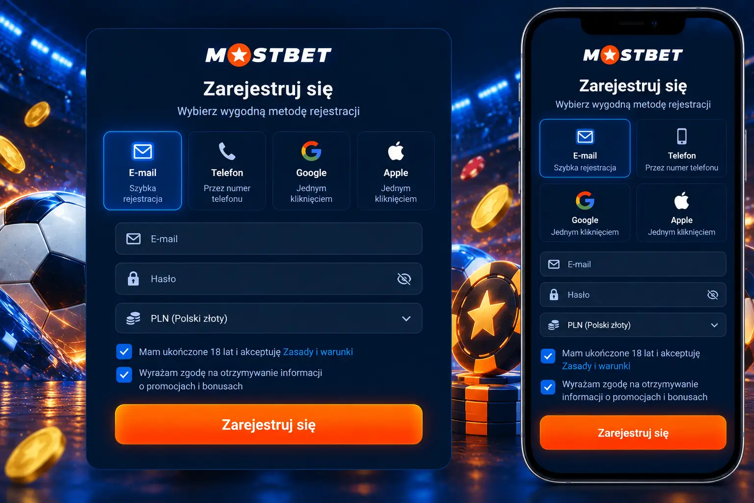 Formularz rejestracji Mostbet — cztery dostępne metody założenia konta